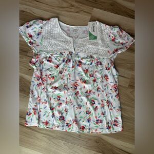 Land’s End NWT Women’s Blouse XL Tencel White Floral Red Blue Green